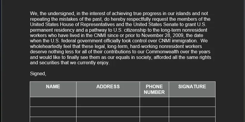 The ending text of a petition to Congress for improved status for the foreign workers of the CNMI