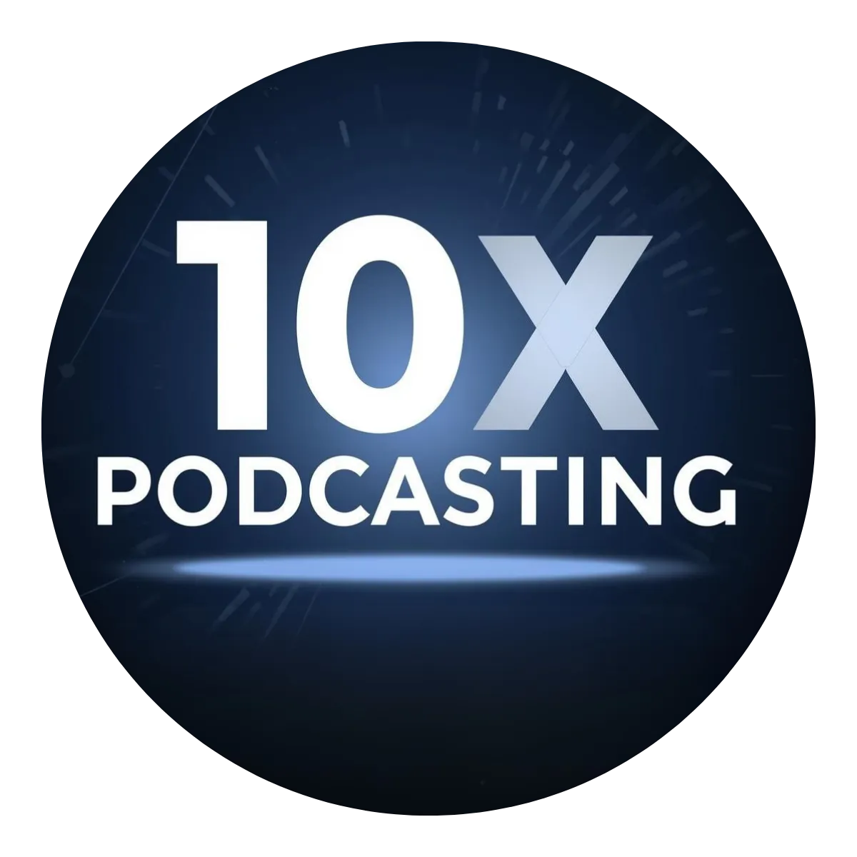Podcast cover art: bold circular logo mark, vector style, high contrast blue palette