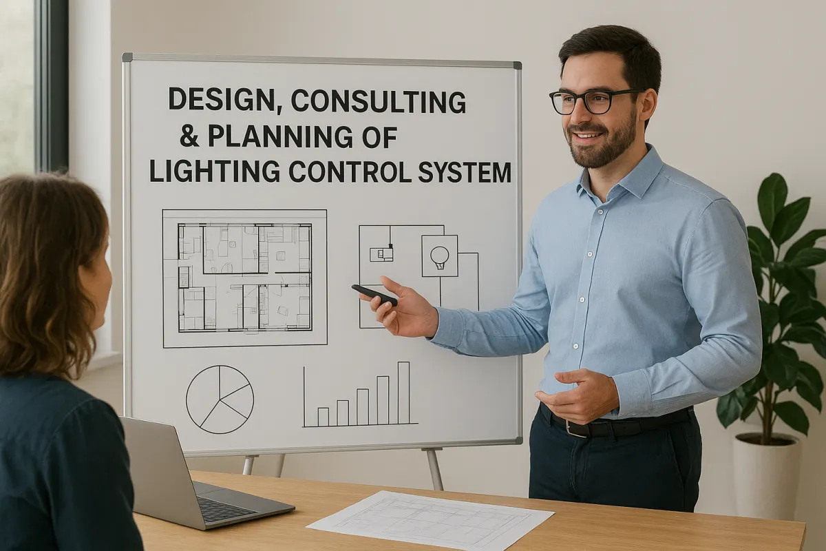 Wilco Services technician performing professional lighting control system installation and programming during field service for commercial building automation.