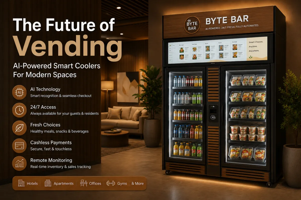 AI-powered BYTE BAR smart cooler with digital screen and automated checkout system in a modern hotel-style lounge interior