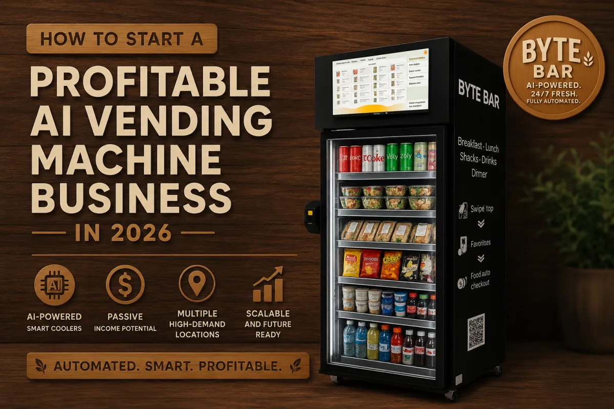 AI-powered BYTE BAR smart cooler and automated vending machine business concept with modern retail technology and franchise opportunity branding