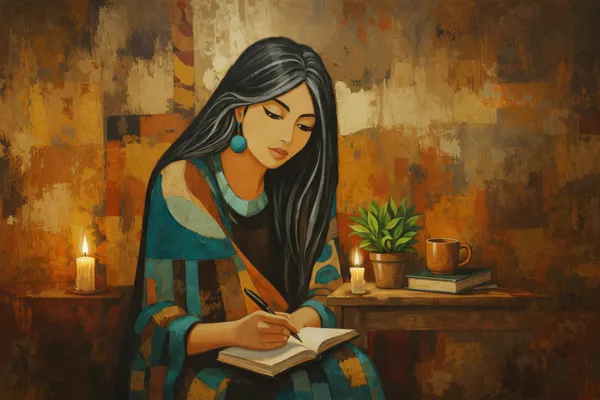 Morning journaling ritual with candle and notebook