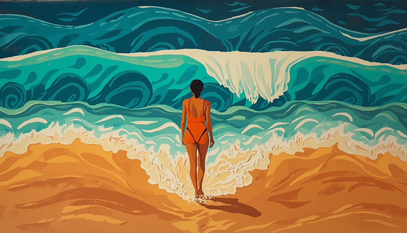 Folk art painting of a woman in an orange bathing suit walking out of the turquoise ocean, moving toward shore with bold stylized waves behind her.