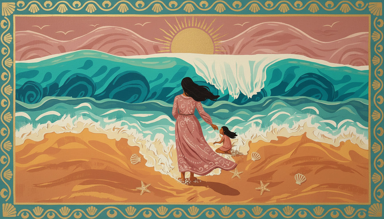 A mother and small child at the edge of the ocean, watching gentle waves at sunset — a folk art reflection on trust, motherhood, and equanimity.