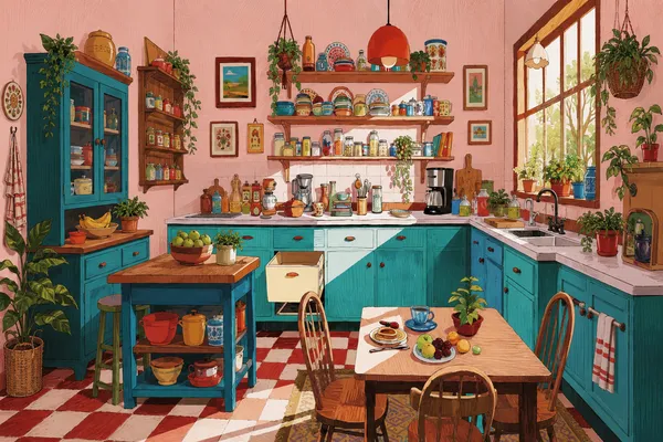 Illustrated cozy kitchen with teal cabinets, open shelves, plants, dishes, and a wooden table, symbolizing the process of remapping a new environment.