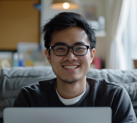 a woman sitting at a desk with a computer