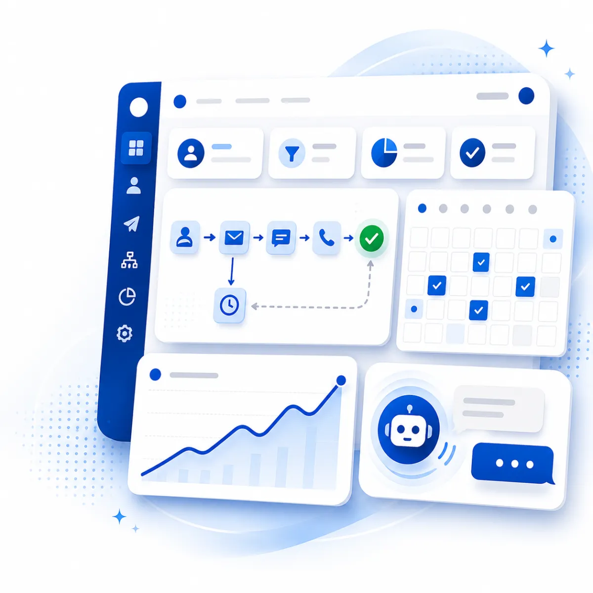 ImpactFlow done-for-you marketing and AI automation dashboard showing captured leads, an automated follow-up workflow, and a calendar of booked appointments for a small business.