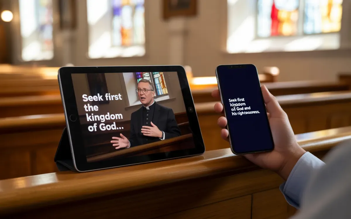 Sleek tablet showing live captions over sermon video