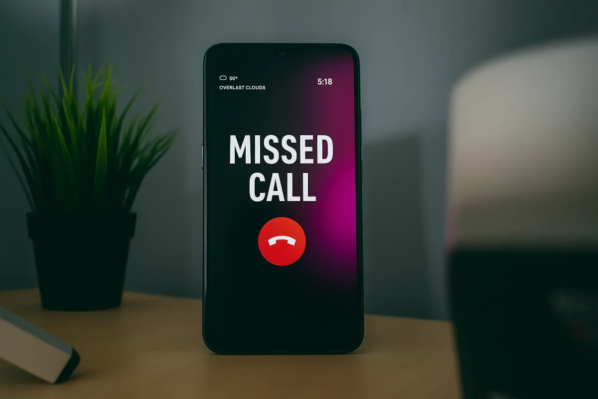 Samsung smartphone screen showing a missed call notification, placed on a modern desk with ambient lighting.