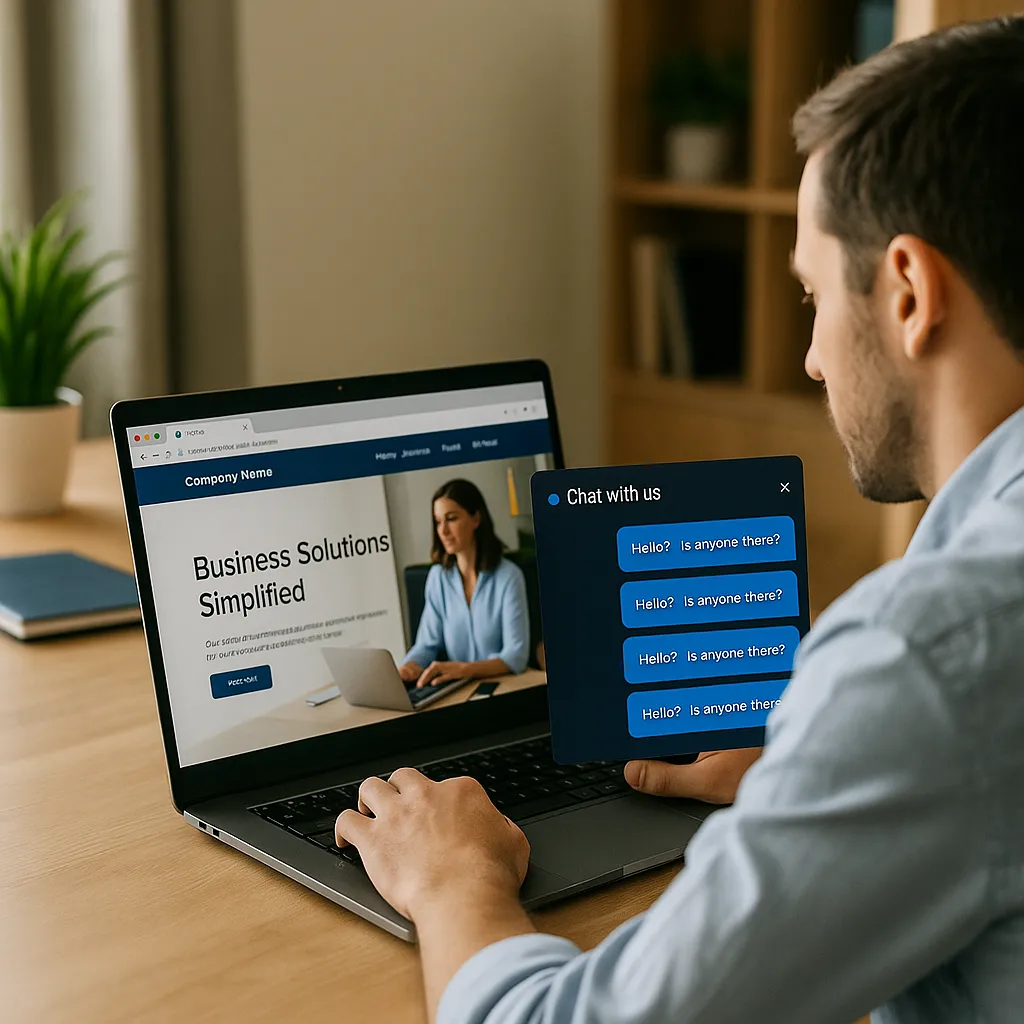 Laptop screen showing a business website with a live chat popup and multiple unanswered customer messages in a professional office setting.