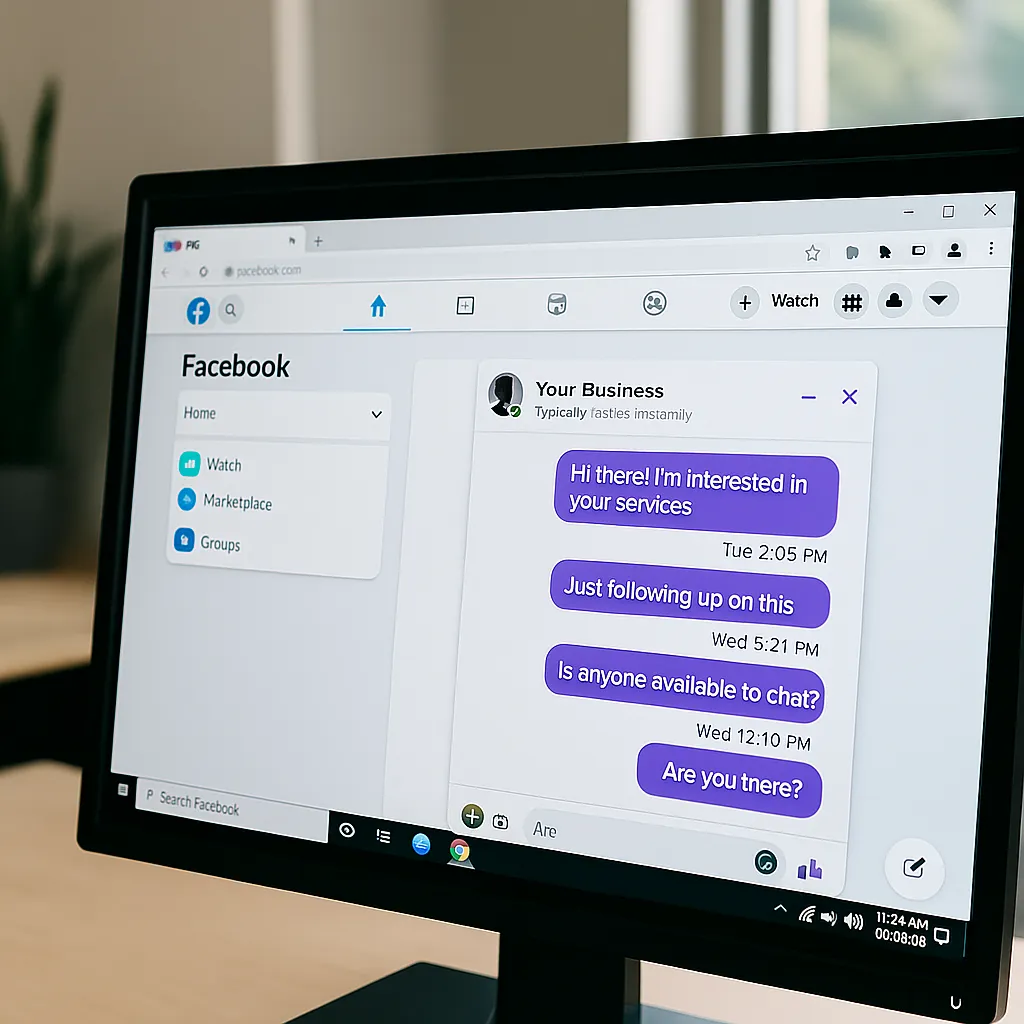 A computer monitor in a modern U.S. office displays a Facebook screen with multiple unanswered direct messages from a potential customer.