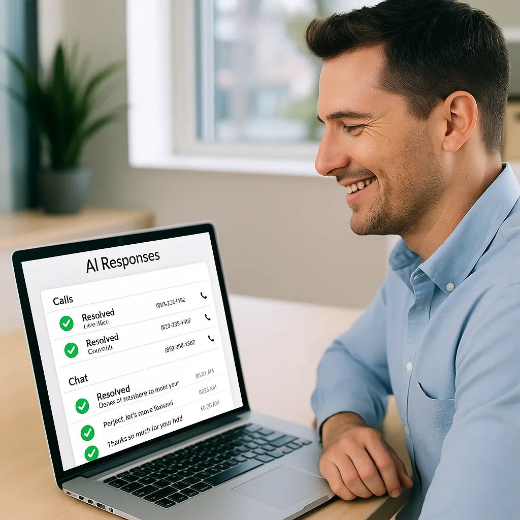 A smiling business owner looks at a laptop screen displaying an AI dashboard with real-time responses, green check marks, and satisfied customer chats in a bright, modern office.