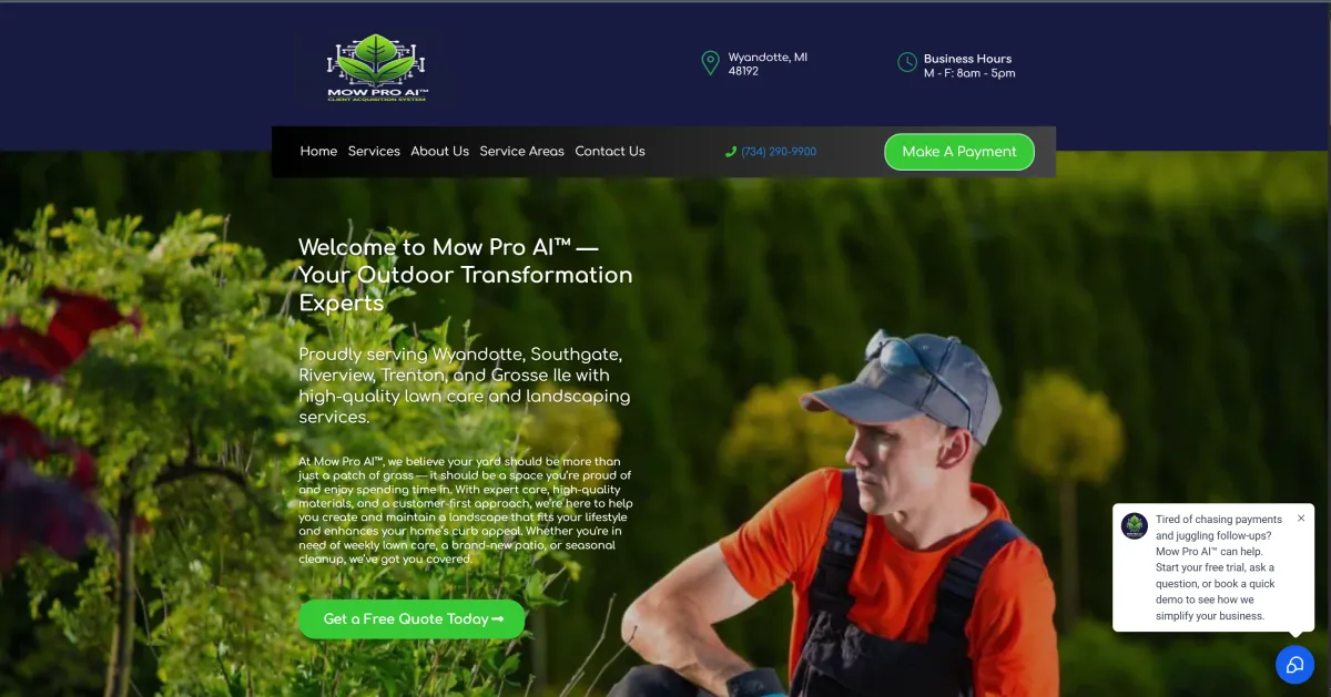 Homepage of Mow Pro AI™ demo website showing a professional lawn care layout designed for landscaping businesses in Wyandotte, Southgate, Riverview, and Trenton, Michigan.