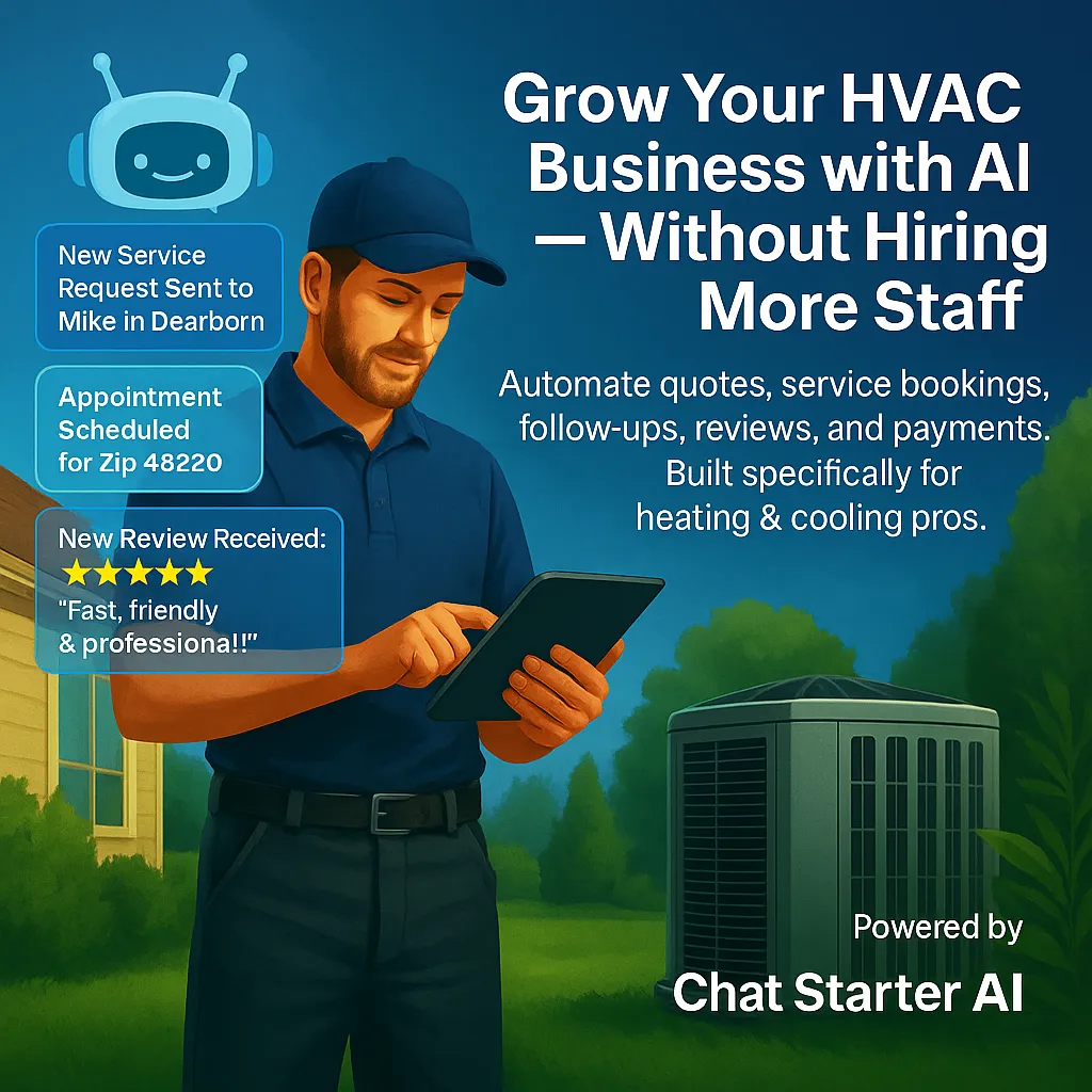 HVAC technician using tablet with AI-powered assistant to manage quotes, appointments, and reviews for heating and cooling services – Cool Flow AI automation software
