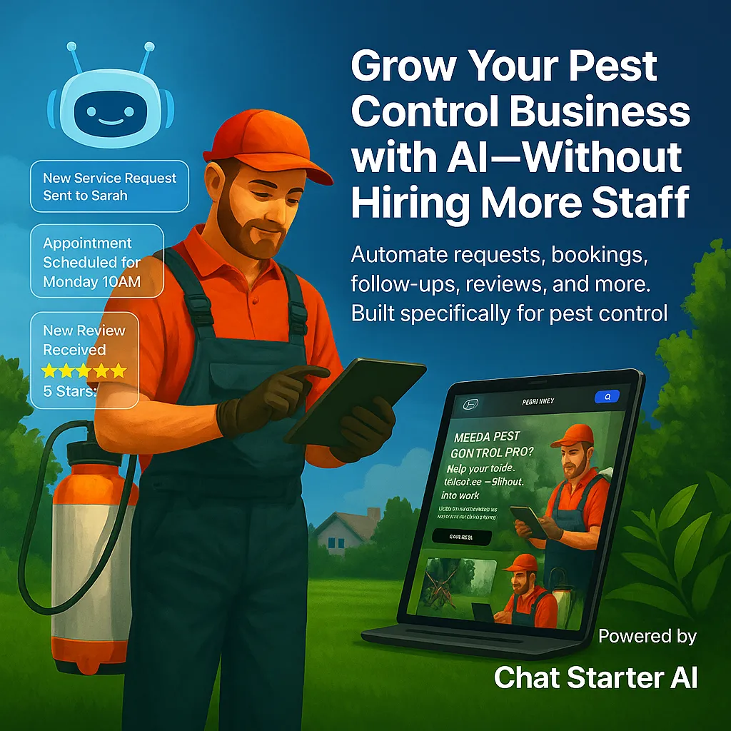 Promotional digital illustration showcasing Chat Starter AI™ for pest control businesses, featuring an AI-powered conversational growth automation system with a chatbot interface and message notifications.