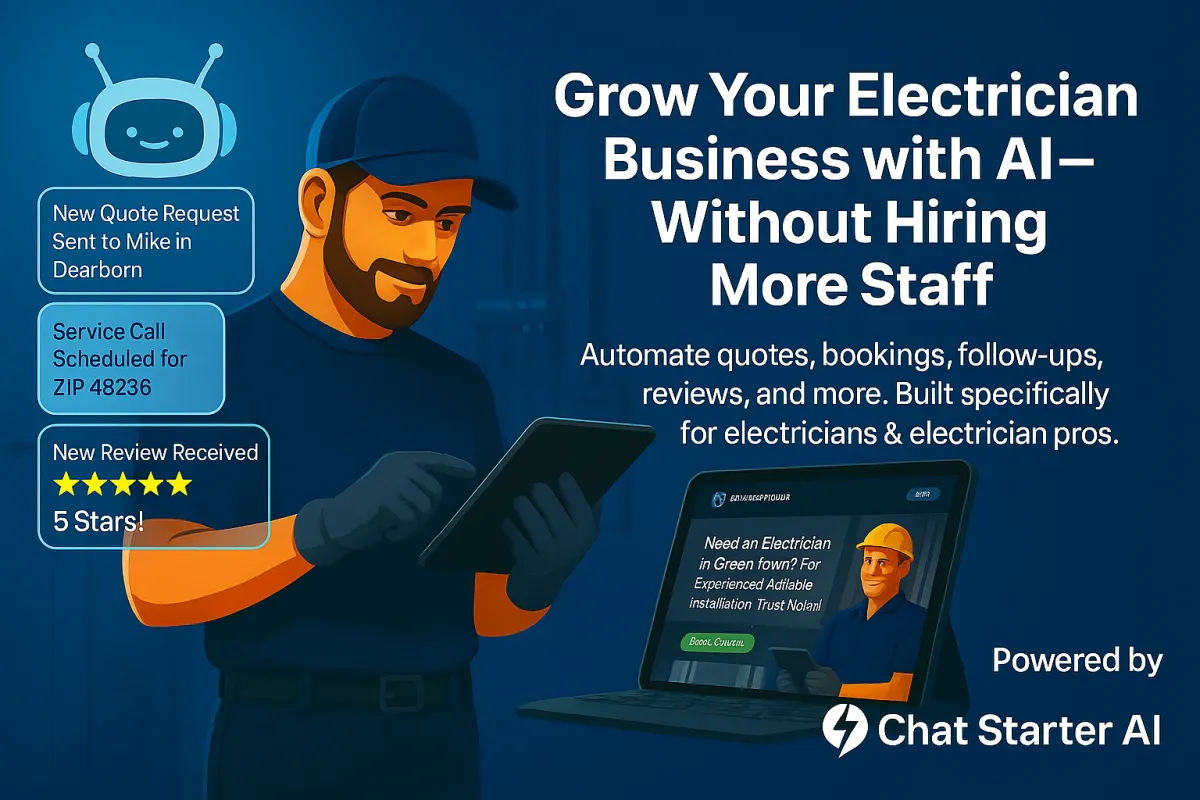 Digital illustration of an electrician using Spark Shield AI automation software to manage client scheduling, invoicing, and job updates, with AI chatbot and mobile dashboard in the background.