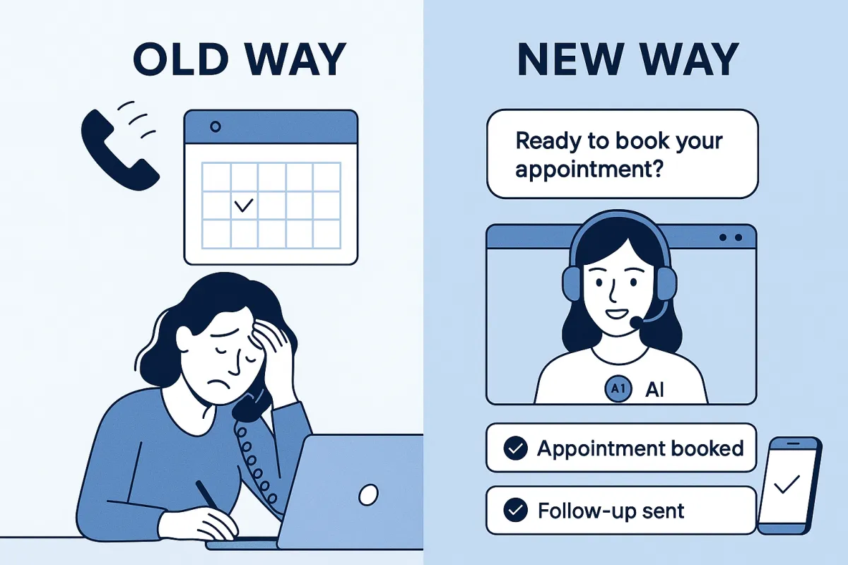 Split-screen illustration comparing traditional manual appointment booking with AI-powered conversational growth automation, showing a stressed employee on the left and an AI chat assistant efficiently managing bookings and follow-ups on the right.