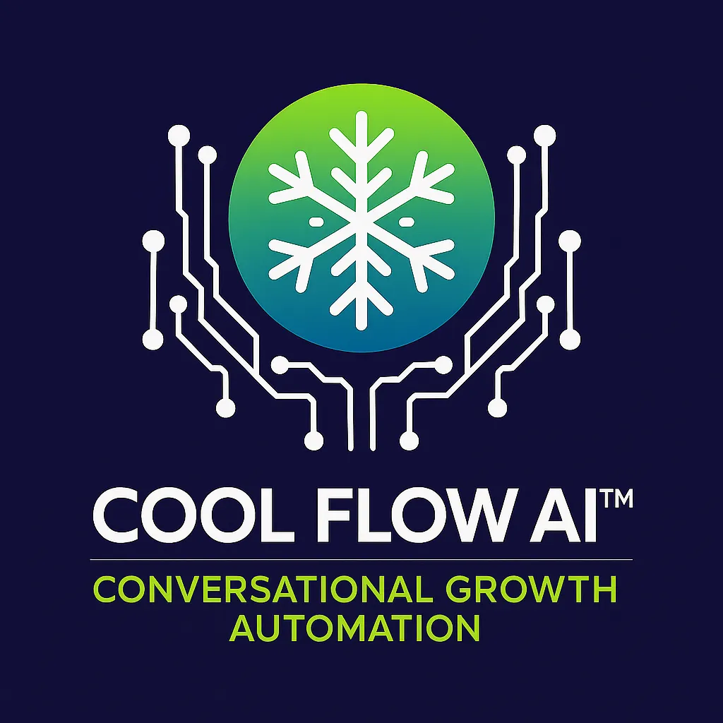 Cool Flow AI logo featuring a green and blue snowflake with white circuit lines and the tagline 'Client Acquisition System' on a dark navy background