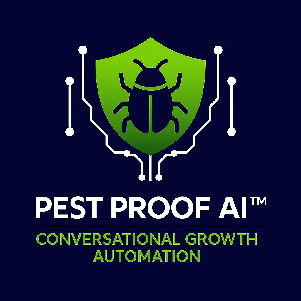 Pest Proof AI logo featuring a green shield with a bug icon and surrounding tech circuitry, labeled Client Acquisition System on a dark blue background