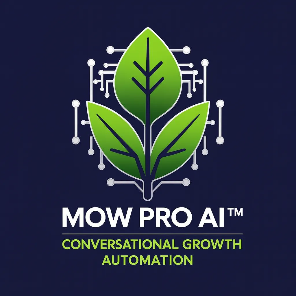 Mow Pro AI logo featuring a green and blue leaf with white circuit lines and the tagline 'Client Acquisition System' on a dark navy background
