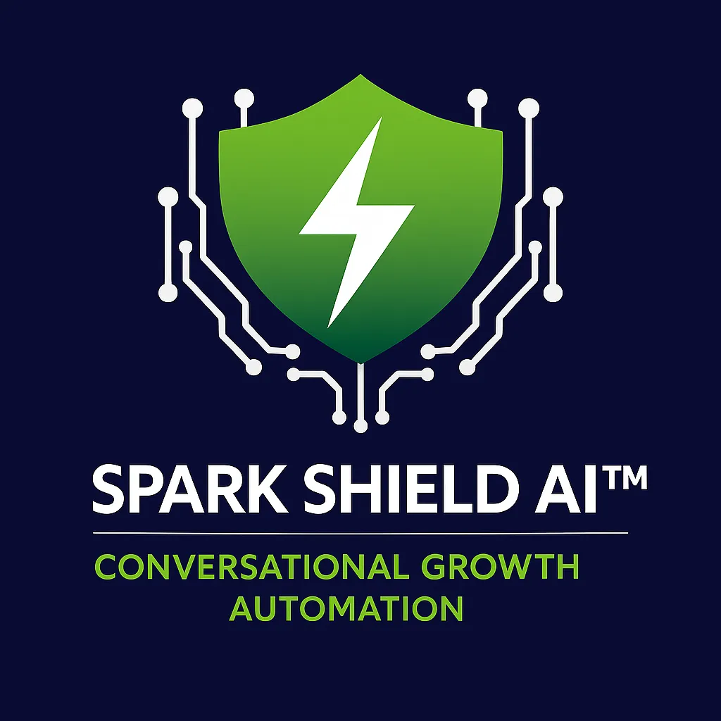 Spark Shield AI Client Acquisition System logo featuring a digital flame and circuit board design on a dark navy blue background, representing smart fire safety lead generation technology
