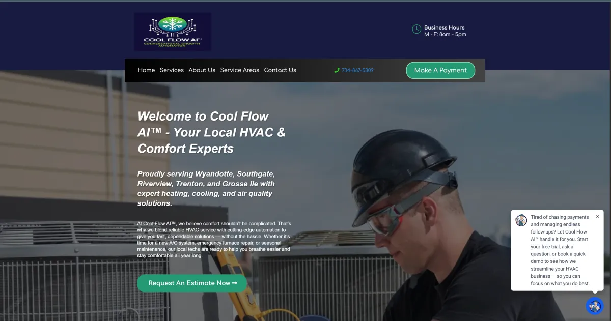 Homepage of Cool Flow AI™ demo website showing a professional lawn care layout designed for landscaping businesses in Wyandotte, Southgate, Riverview, and Trenton, Michigan.