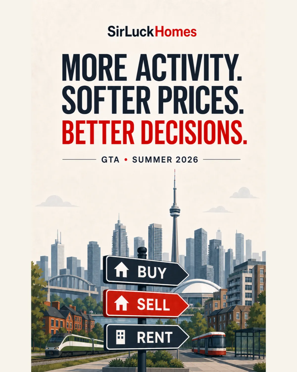 Illustrated GTA skyline with signposts for buying, selling and renting, representing a summer 2026 move-or-wait decision.