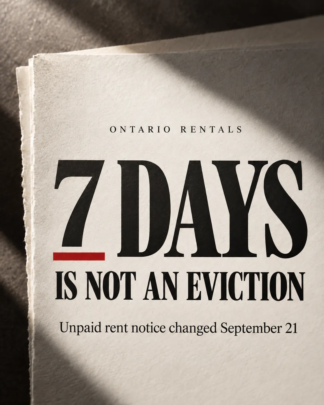 Clean editorial rental information graphic: Ontario rentals, seven days, and an N4 notice is not an eviction.