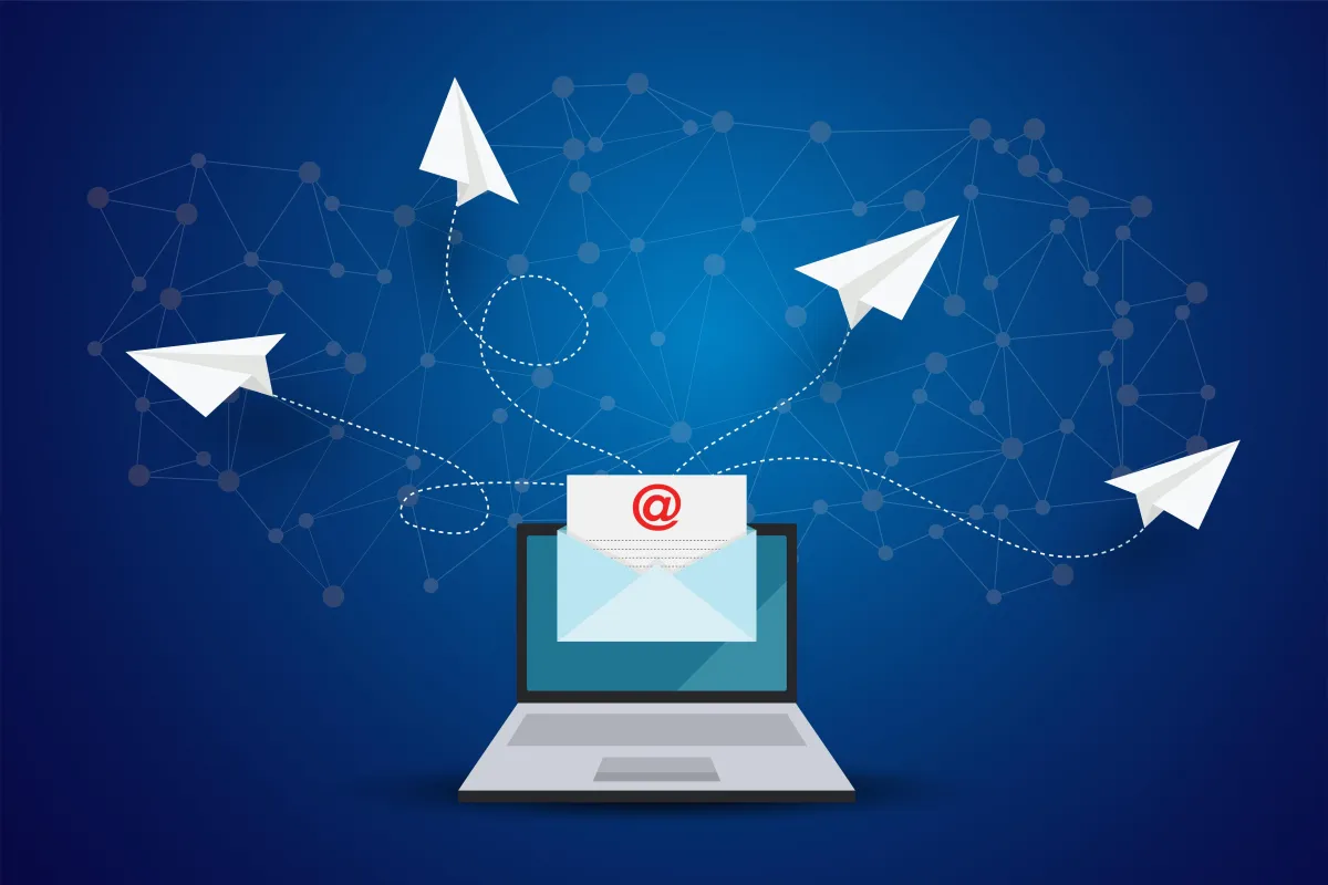 Illustration of a laptop with an email and paper airplanes flying outward, symbolizing digital communication and email marketing distribution on a connected network background.