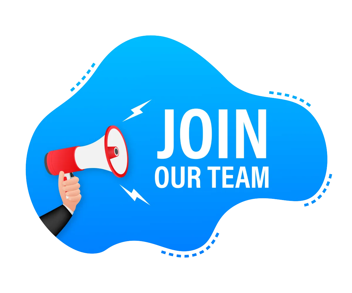 Illustration of a hand holding a red megaphone with the words "Join Our Team" in bold white text on a bright blue abstract shape, representing a job recruitment or hiring announcement.