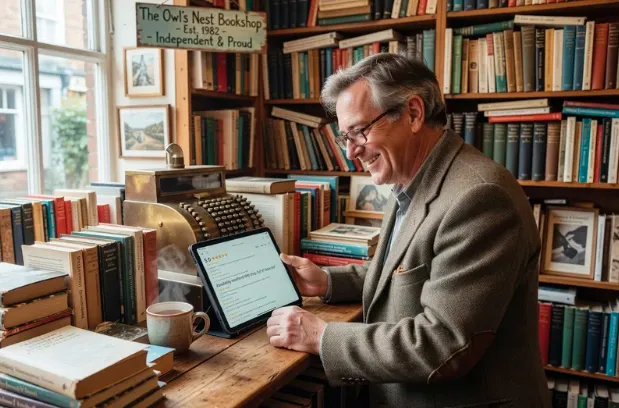 UK independent bookshop owner smiling while checking a five-star Google review on a tablet at the counter