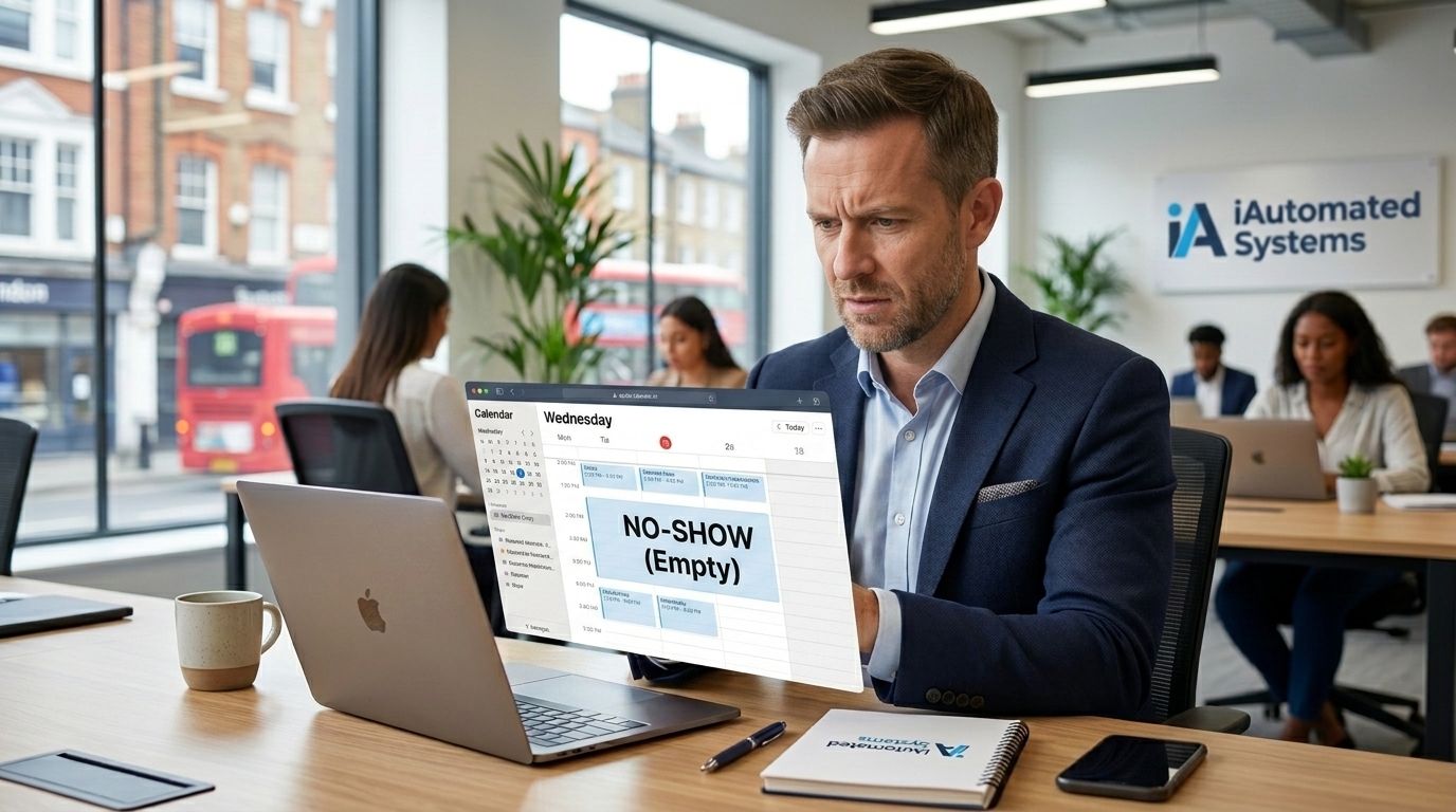 UK business owner looking at an empty appointment slot on a calendar app, slightly frustrated, office setting