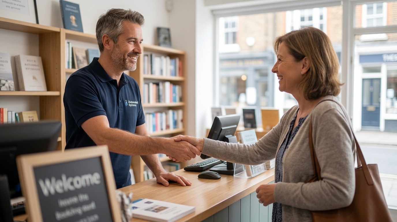 UK small business owner greeting a returning customer warmly at the counter, shop setting