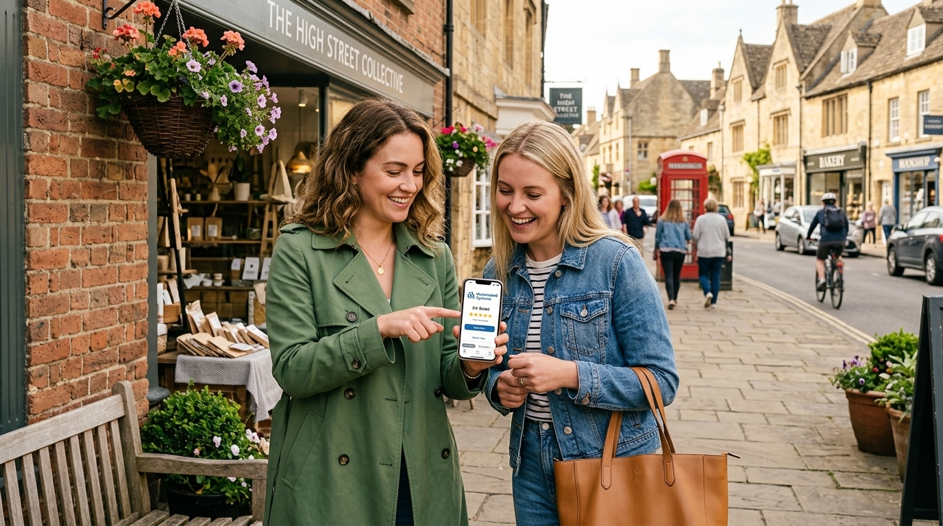 Two UK friends chatting outside a shop, one recommending a business on their phone, casual setting