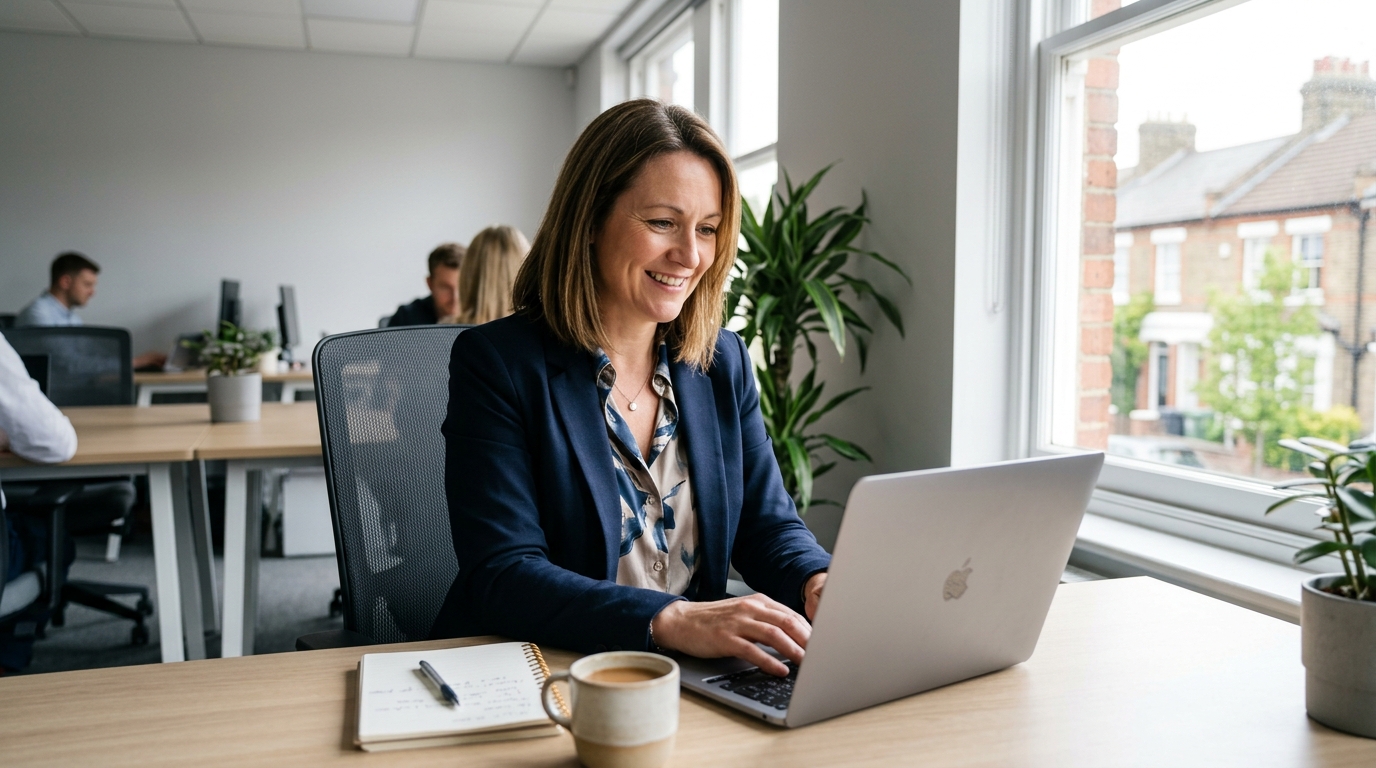 Business owner in her forties replying to customer messages on a laptop in a bright UK office