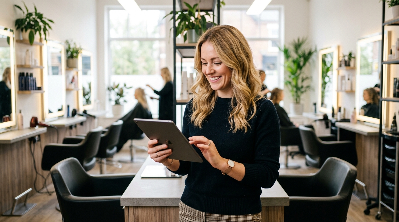Hairdresser in her thirties checking a full day of online bookings on a tablet in a bright UK salon