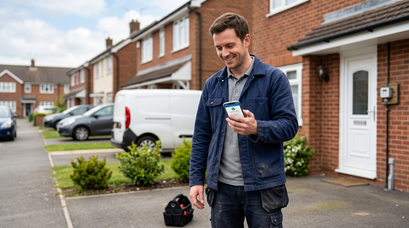 Electrician in his thirties smiling as a payment notification arrives on his phone outside a UK home