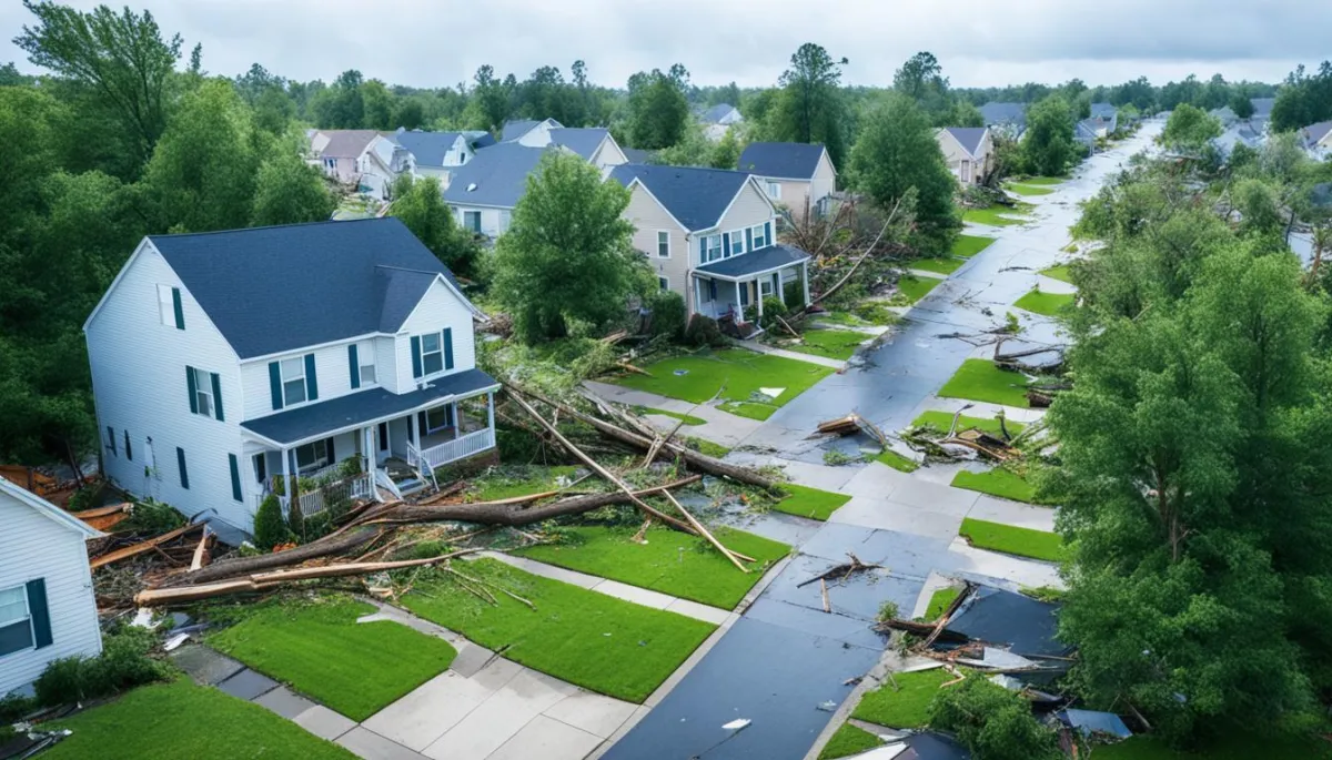 A residential neighborhood showing extensive damage from a hurricane, with downed trees and debris scattered across the streets.