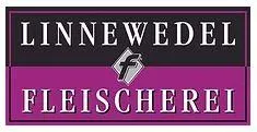 Logo Linnewedel Fleischerei: rechteckiges Schild in Lila-Schwarz mit weißer Typografie.