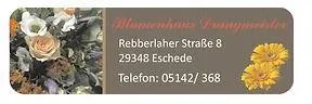Logo/Visitenkartenmotiv Blumenbetrieb Eschede: florales Bild mit Adress- und Telefonangaben.