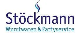 Logo Stöckmann: blauer Schriftzug ‚Wurstwaren & Partyservice‘ mit kleinem Symbol.