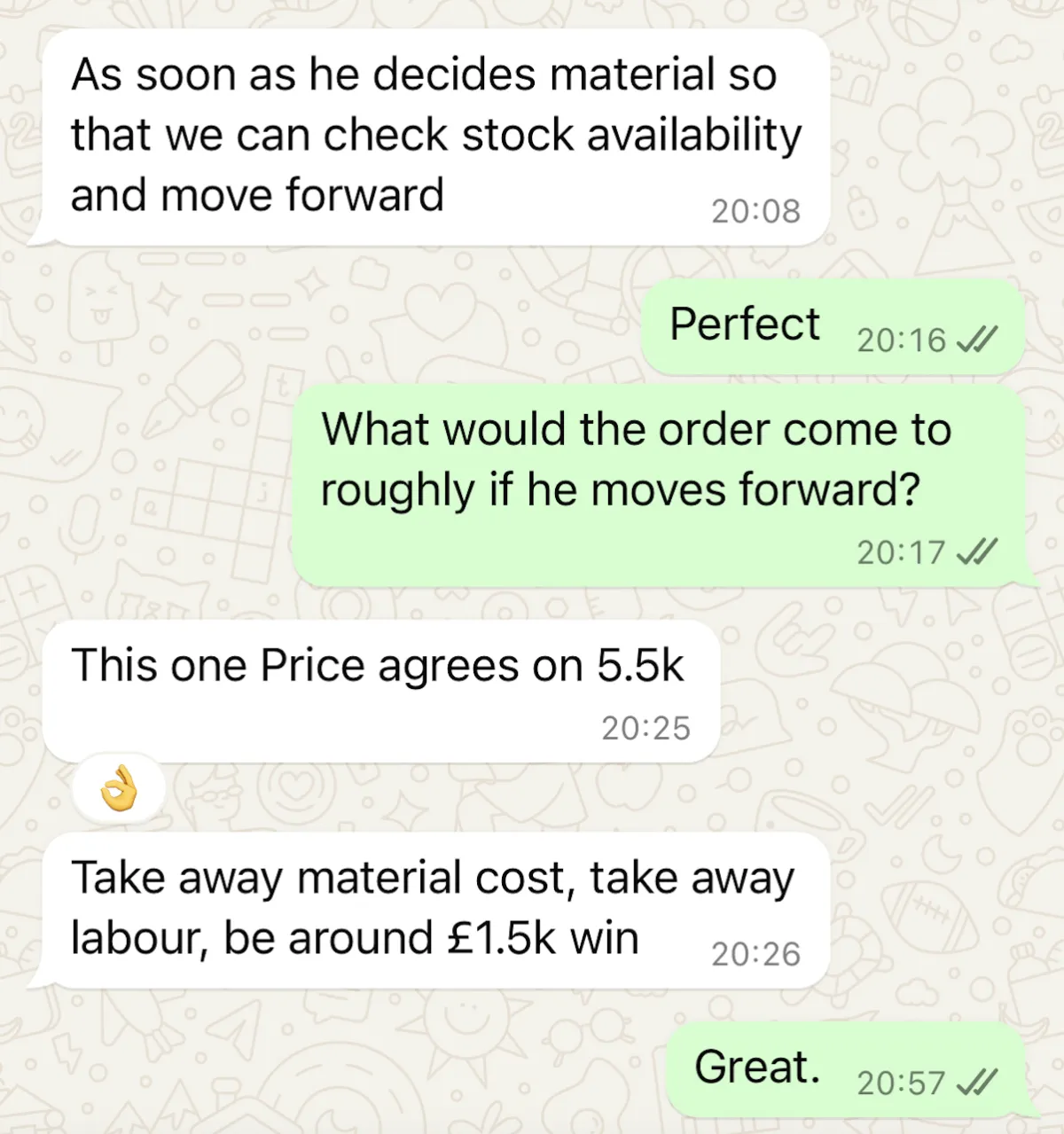 Text conversation of client confirming £5.5k job