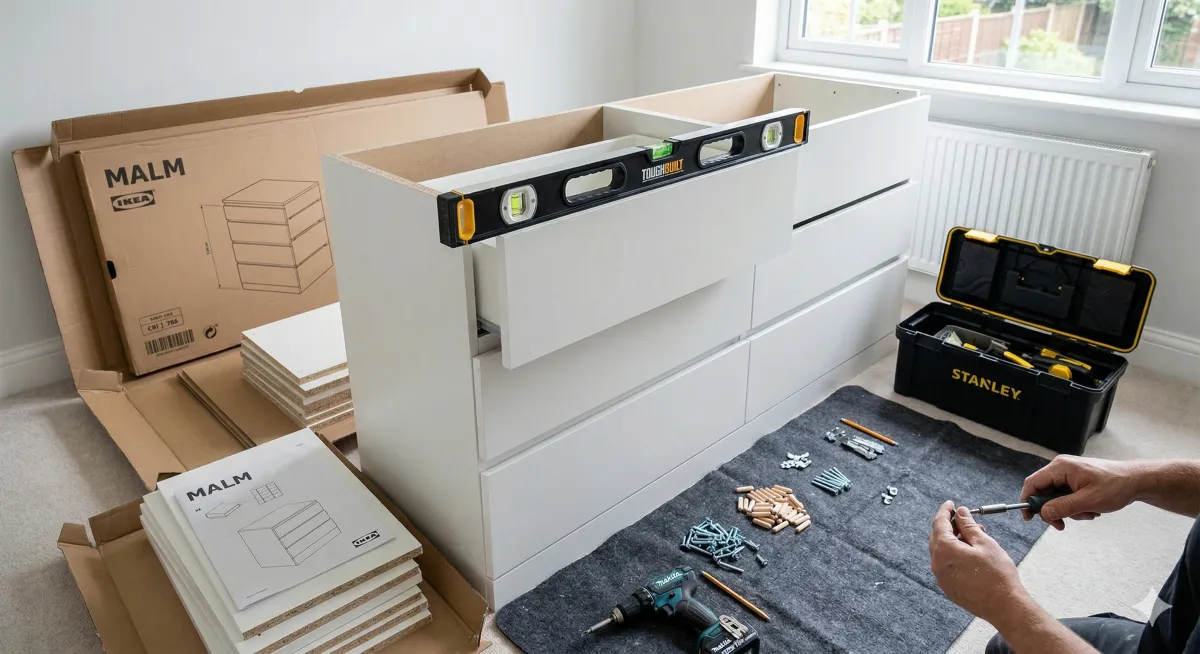 Professional assembly of an IKEA Malm chest of drawers in an Epsom home, showing expert handyman furniture construction and a sturdy finish.