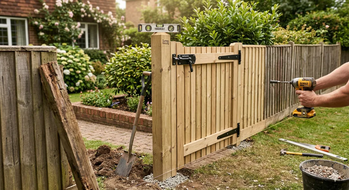 Hands using a spirit level during the precise repair of a broken wooden garden gate and leaning fence post in a Woking Surrey home.