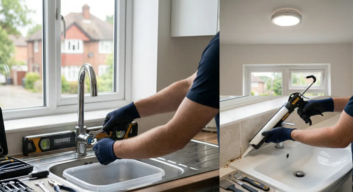 Hands using a wrench to fix a dripping kitchen tap and a caulking gun for bathroom sealant, showing precise minor repairs in an Epsom Surrey home.