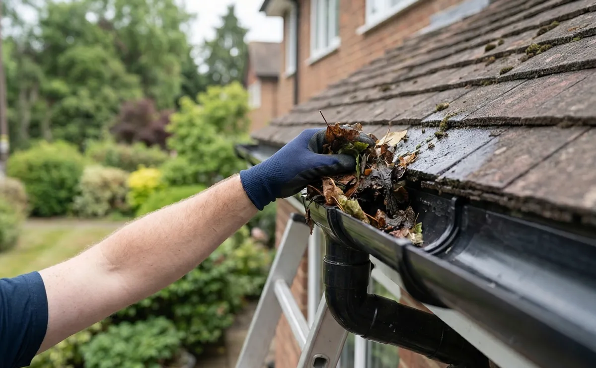 Hands usingHands precise cleaning a blocked gutter and a pressure washer for patio maintenance in a Weybridge Surrey home.