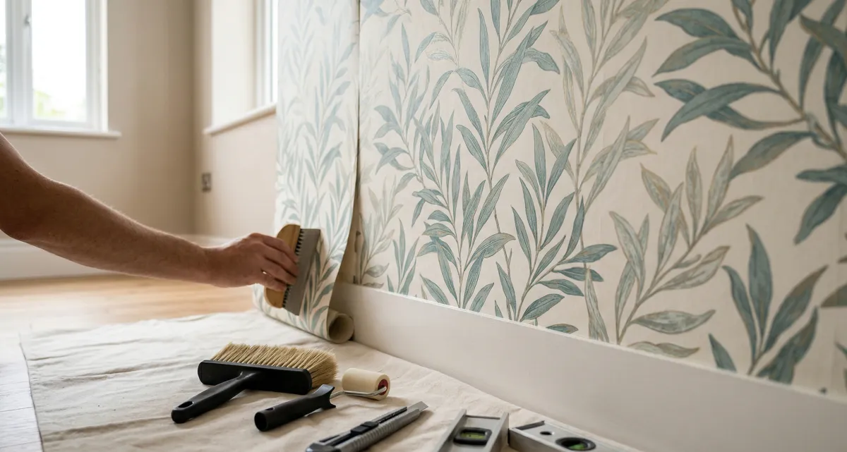 Close-up of a flawless botanical wallpaper installation in an Epsom home, showing a perfect, seamless pattern match on a feature wall.
