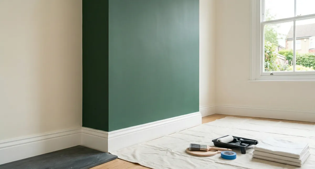 A pristine internal living room corner in Epsom, showcasing completed feature wall, woodwork, and a restored Victorian front door finish, demonstrating trade-quality small painting jobs today.