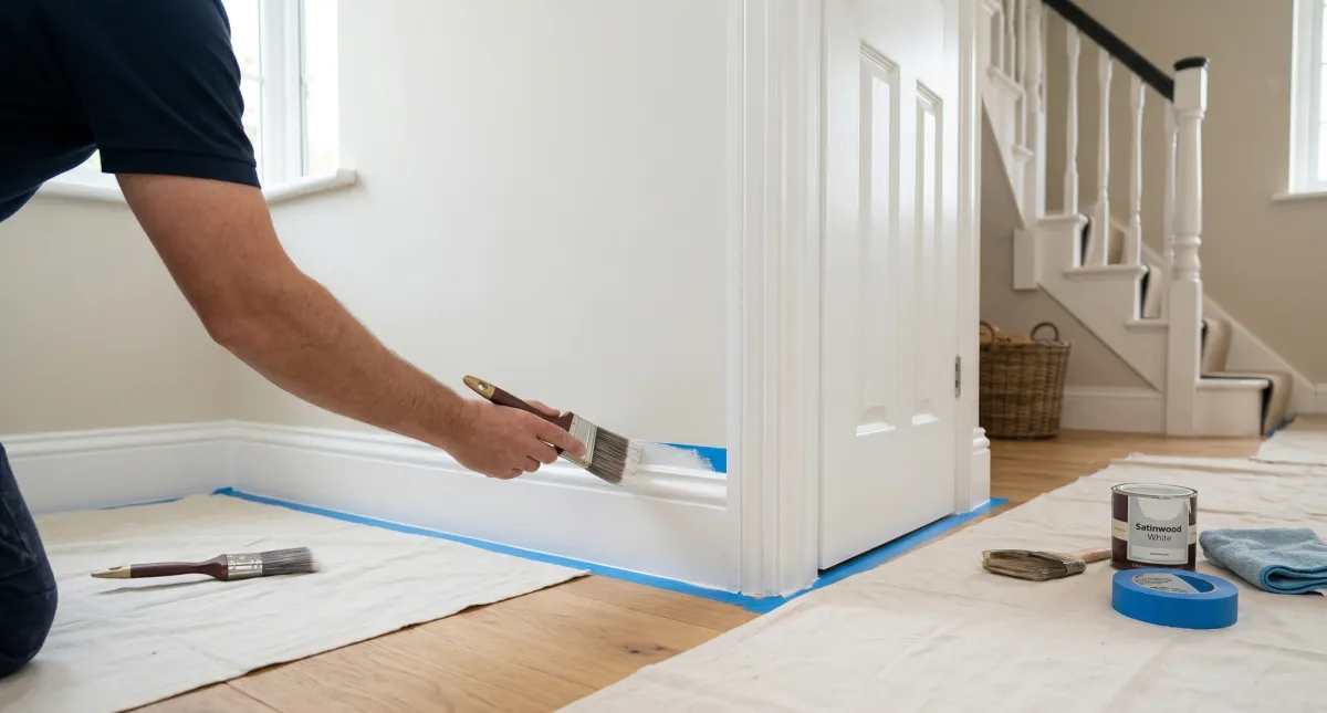 Professional white skirting board painting in a Surrey home, showing sharp paint lines, tidy blue masking tape, and a smooth, high-quality satin finish.