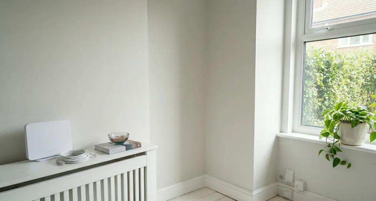 Pristine, completed internal decorating result in an Epsom living room, showing seamless painted walls, sharp lines, concealed cables, and immaculate white uPVC window finish today.